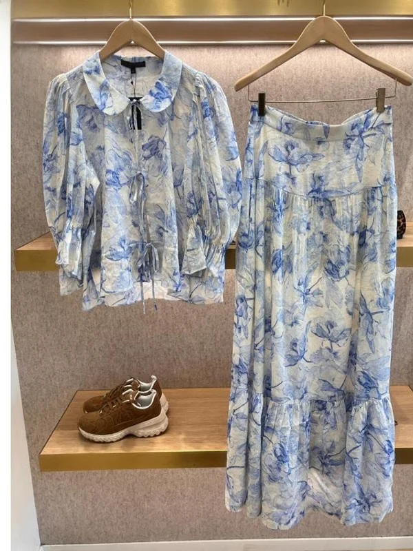 M Home 2025 Spring Break Floral Print Set Doll Collar Shirt Half Skirt Fashionable Women's Ensemble Summer Season Short Sleeve
