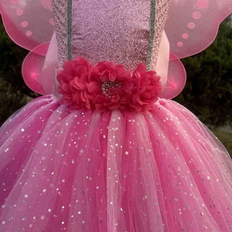 Sparkly Pink Fairy Tutu Dress for Girls Birthday Halloween Costumes for Kids Butterfly Wings Outfit Flower Girl Princess Dresses