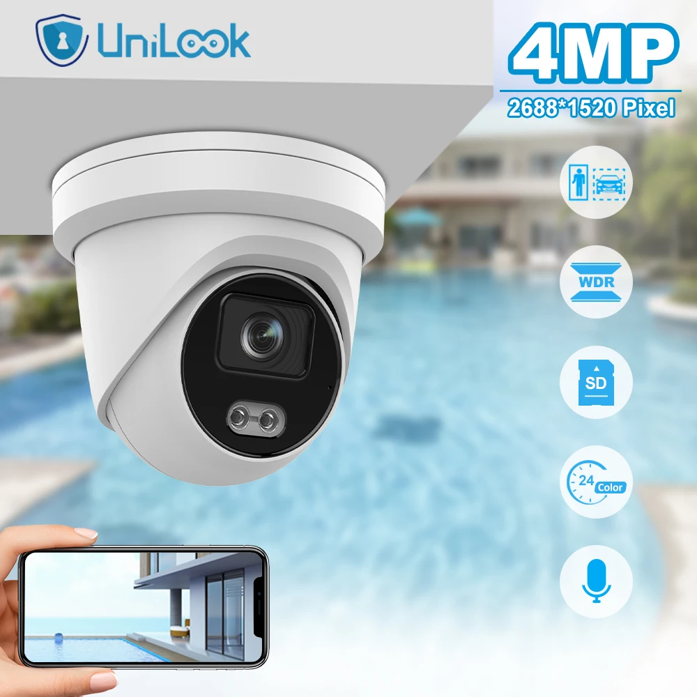 

Unilook 4MP POE IP Turret Camera Outdoor 24/7 Full ColorVu 30m CCTV Video Surveillance IP67 Max 256GB SD Card Audio H.265 WDR