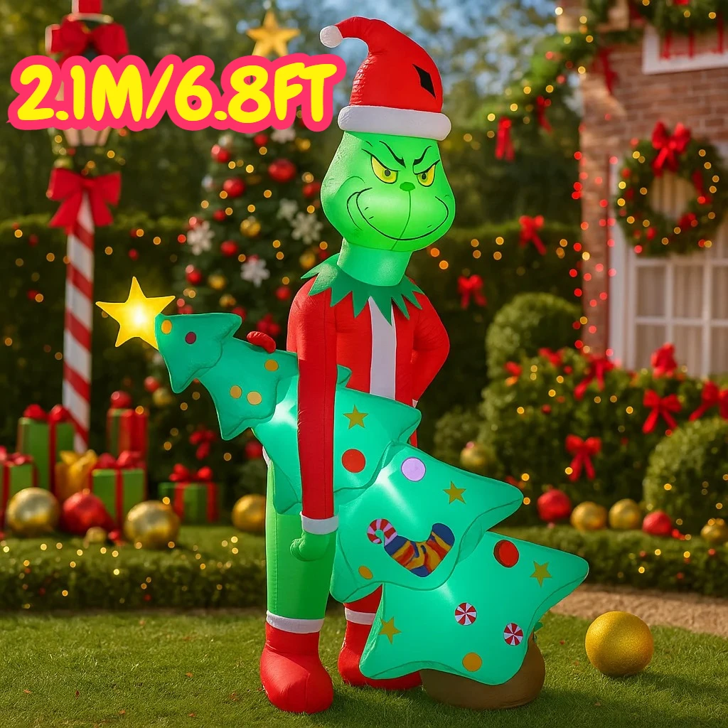2.1M/6.8FT Inflatable Grinch Holding Christmas Trees Light LED Home Decorations Toy Yard Xmas Supplie Holiday Outdoor Yard Decor