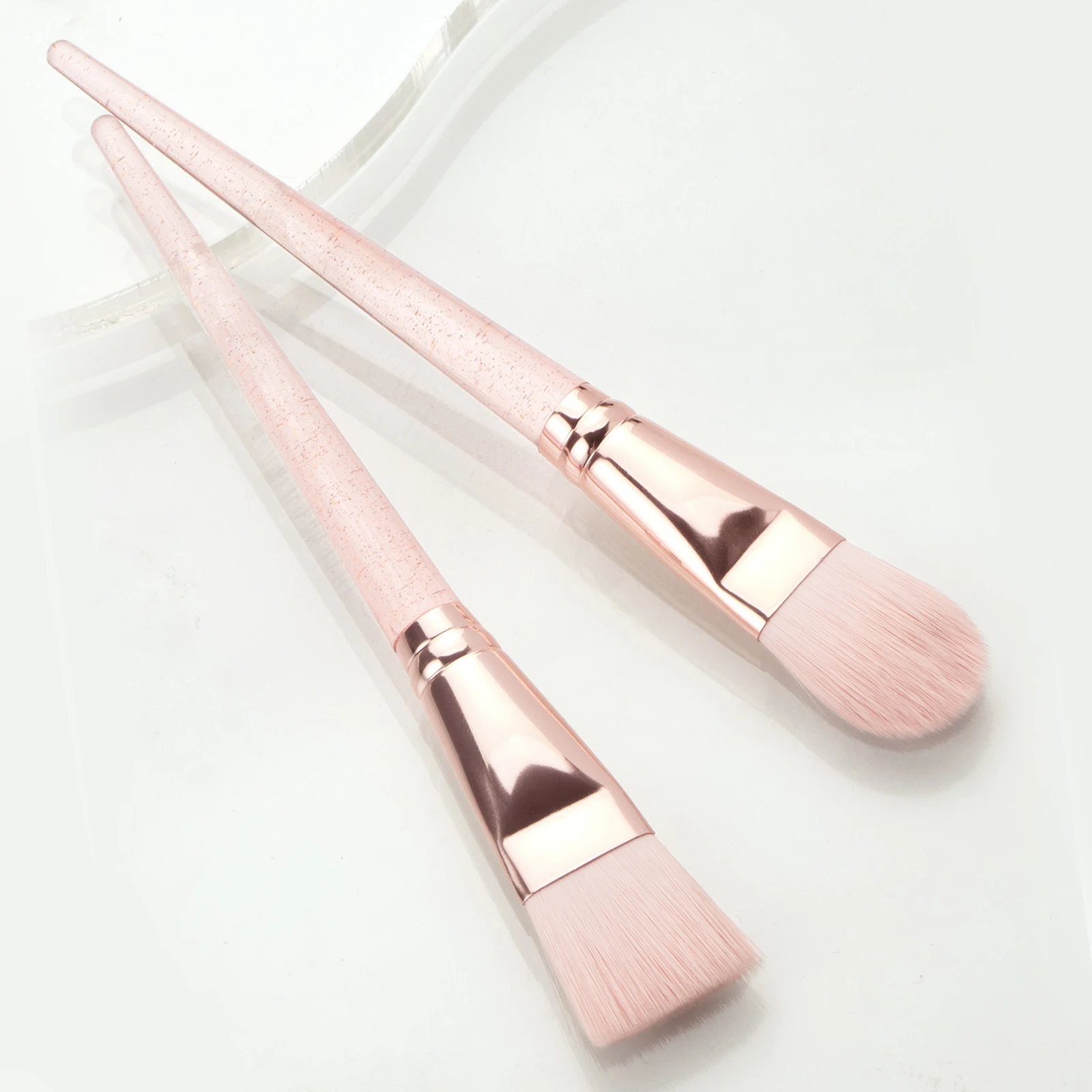 2Pcs Pink Glitter Handle Foundation Makeup Brushes Flat & Round Head Soft Brush For Liquid Cream Foundation Base Makeup