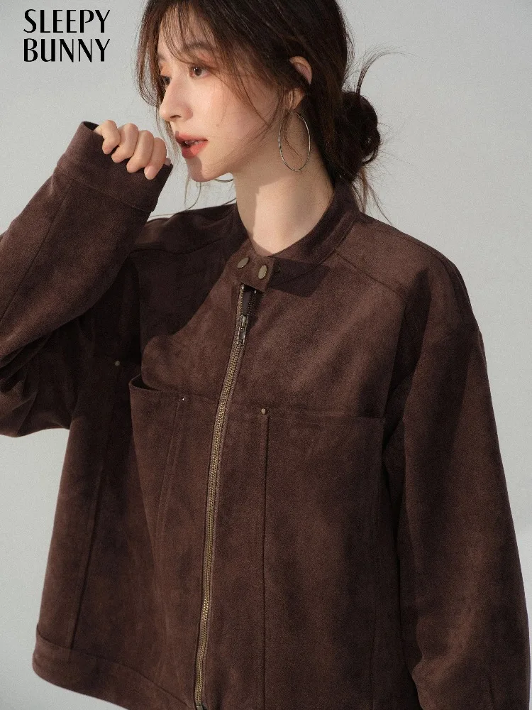 

Vintage Suede Bomber Jacket Short Loose Fit Outerwear for Women Stand Collar Zip-Up Jacket Casual Style Autumn Soft Warm Finish