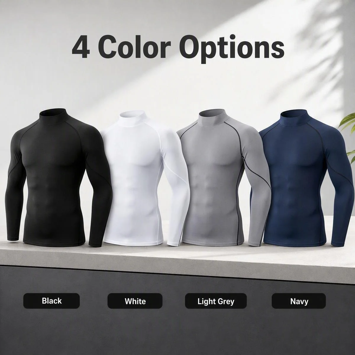 Herren-Kompressions-Langarmshirt mit hohem Kragen, schnelltrocknend, dehnbar, eng anliegend, Sport-Unterhemd für Laufen, Joggen, Fitness im Gym – Detail 1