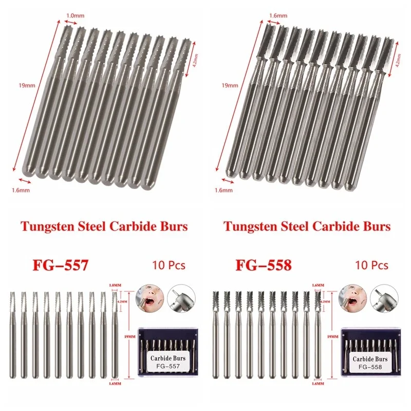 10PCS/1Box Dental Round Carbide Steel Drills Burs FG Bur for High Speed Handpiece