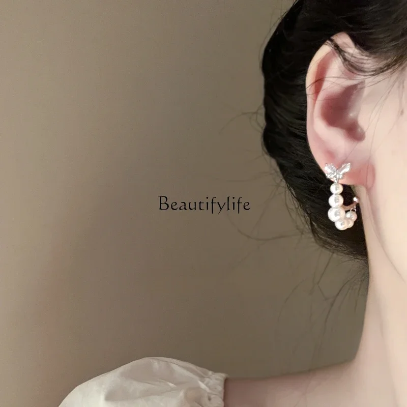 Light Luxury French Zircon Pearl Earrings High Sense Special-Interest Design Fairy Temperament