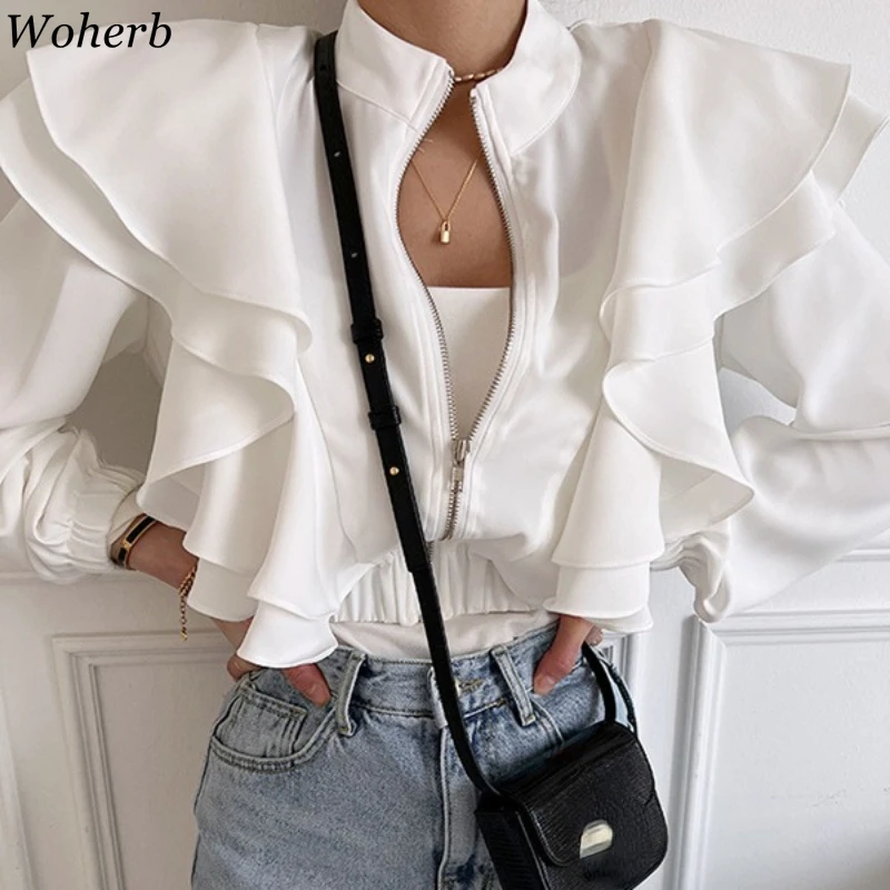 Sweet Crop Tops Temperament Coat for Women Stand Neck Long Sleeve Tunic Fashion Jackets Solid Ruffles Outwear 2024 Ropa Mujer