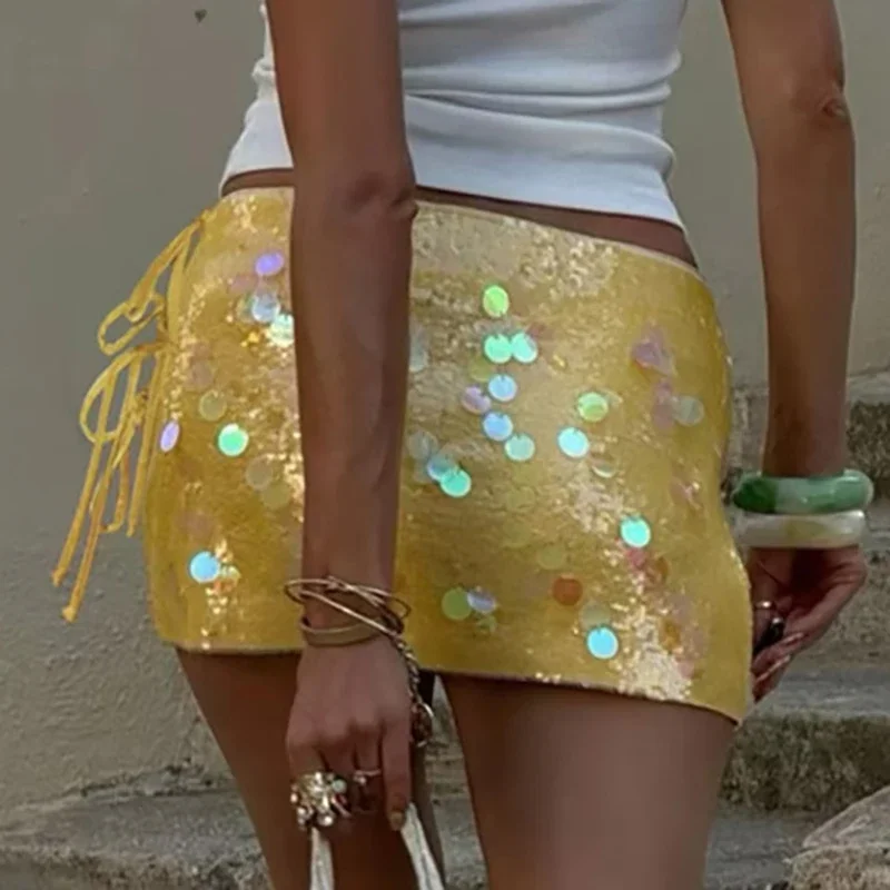 Chic Sexy Hot Girl Shiny Sequin Club Mini Skirt  Fashion Solid Color Lace-up Short Skirt High Street Glitter Party Wrap Hip Skir