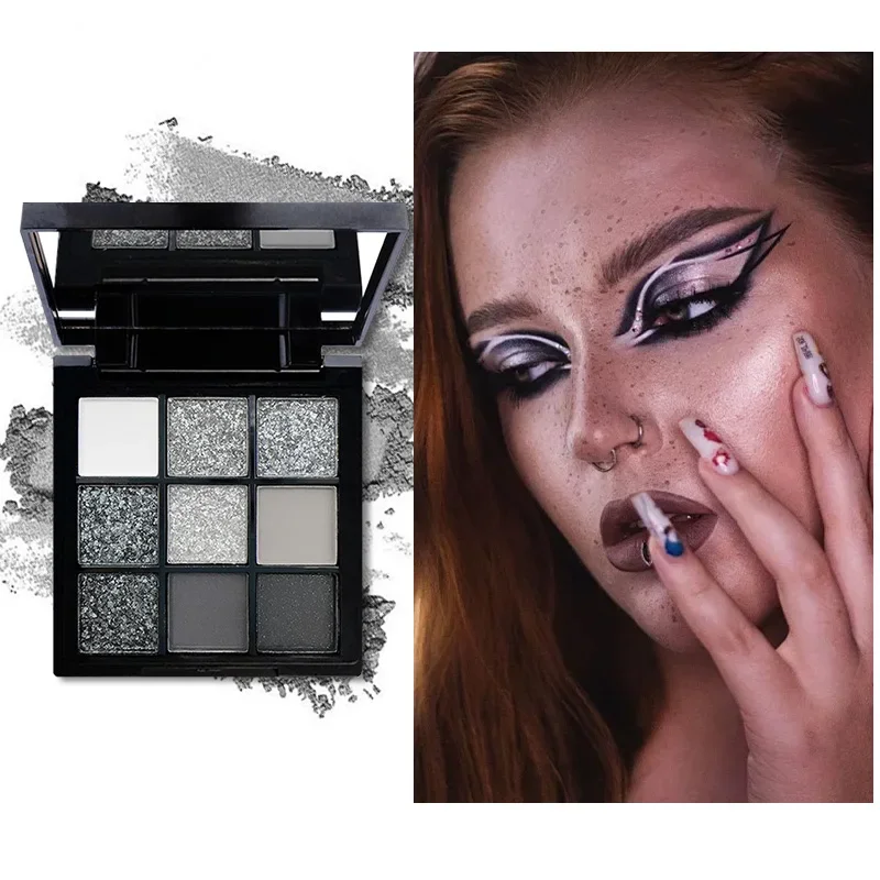 Paleta de sombras de ojos Black Swan de 9 colores, brillo fascinante, efectos punk ahumados dramáticos, tonos en gris claro y maquillaje plateado oscuro