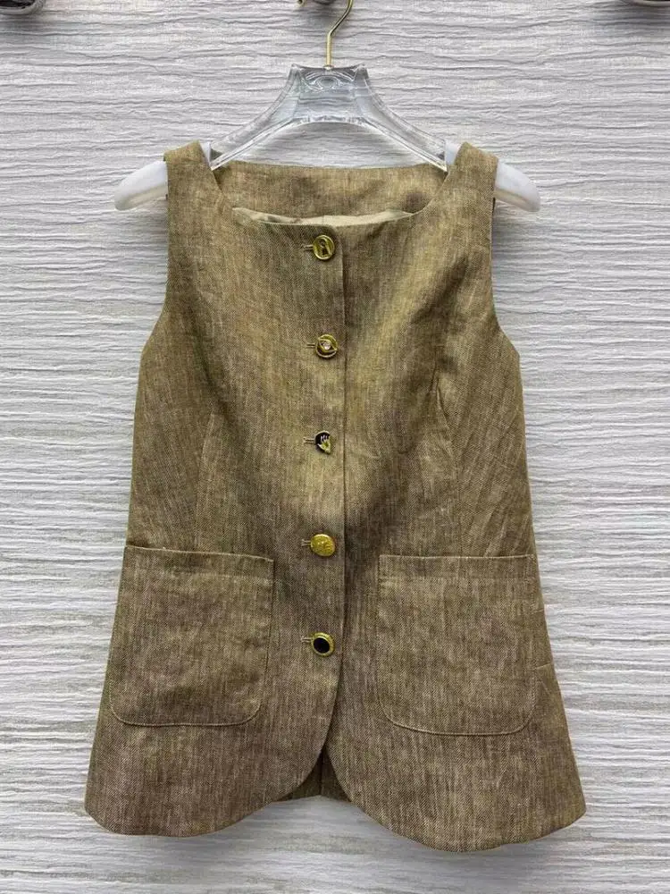 

Old Money Style Summer Vest High Quality Solid Color 2025 New Women's 100% Linen Casual Tank Jacket Sleeveless Gold Buttons Coat