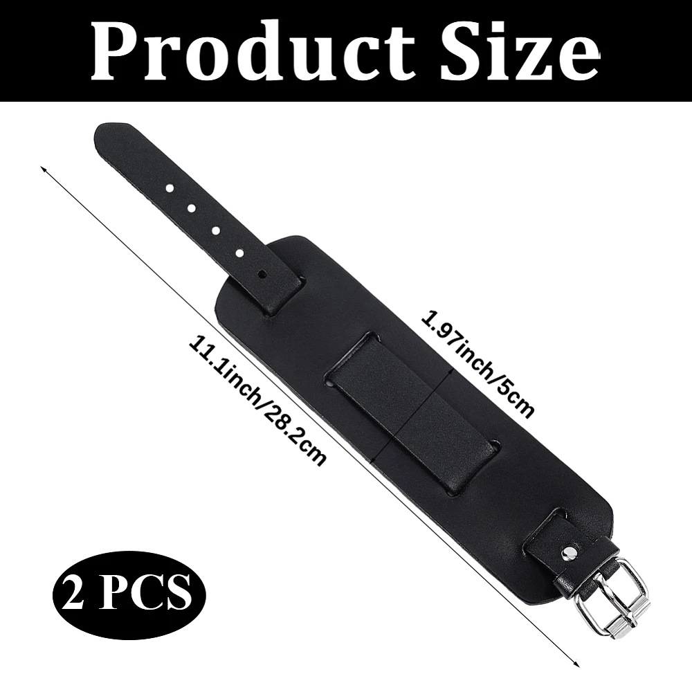 2PCS Punk Cowhide Leather Cuff Bracelet Wide Handmade Gothic Genuine Leather Bangle Adjustable Rock Bike Wrap Wristband