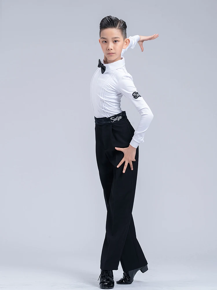 الأولاد اللاتينية الرقص المنافسة الملابس قميص أبيض السراويل السوداء تشا تشا ملابس رقص طفل قاعة الرقص أداء ارتداء DNV17957