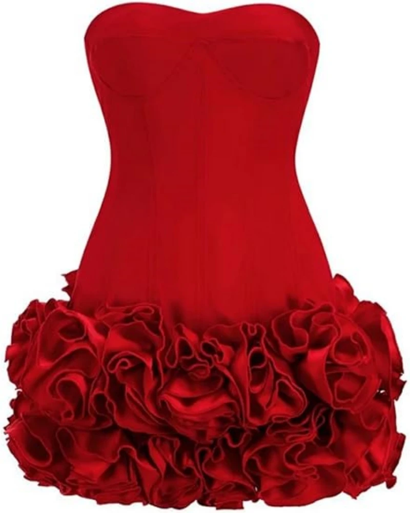 

Sexy Strapless Cocktail Party Gowns Layered Flowers Ball Gown Bodycon Short Prom Dress Sweetheart Neckline Mini Dress