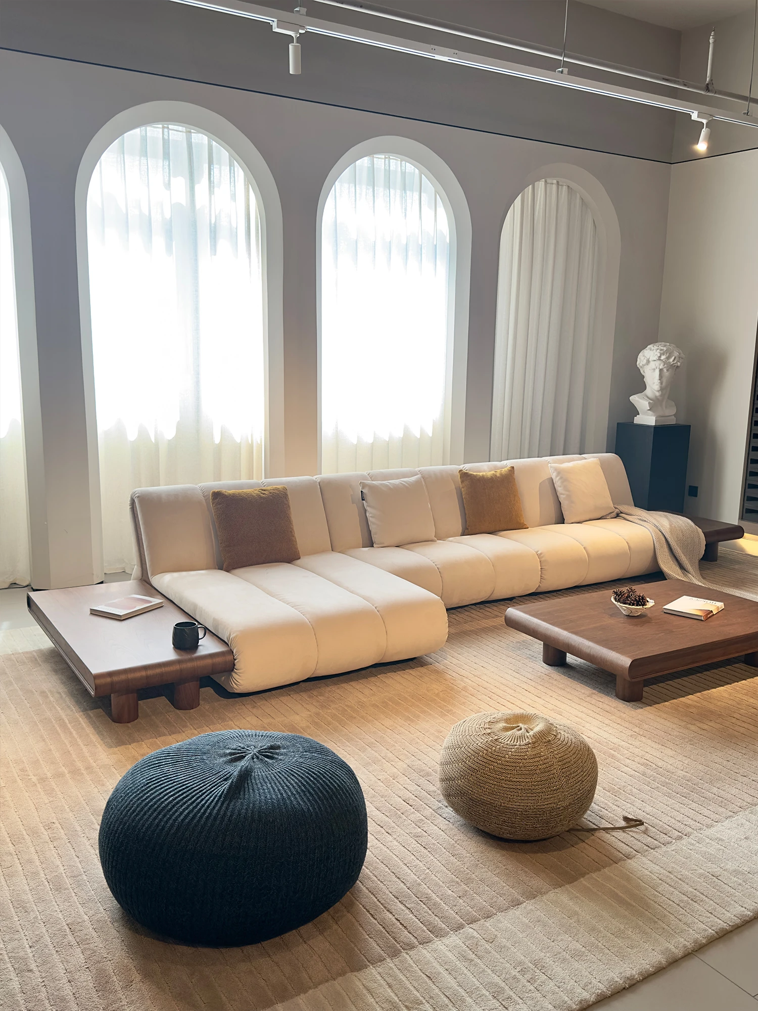 Cream Chenille L Shaped Sectional Sofa Built In Side Table Pillow Backrest Floor Style Deep Seat For Living Room Villa Home