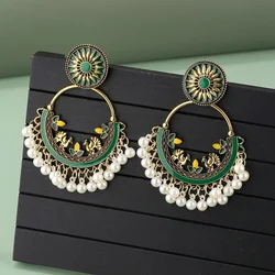 Classic Green Moon Indian Jhumka Earrings for Women Turkey Jewelry Retro Alloy Carved Round Pearl Tassel Wedding Earrings Bijoux