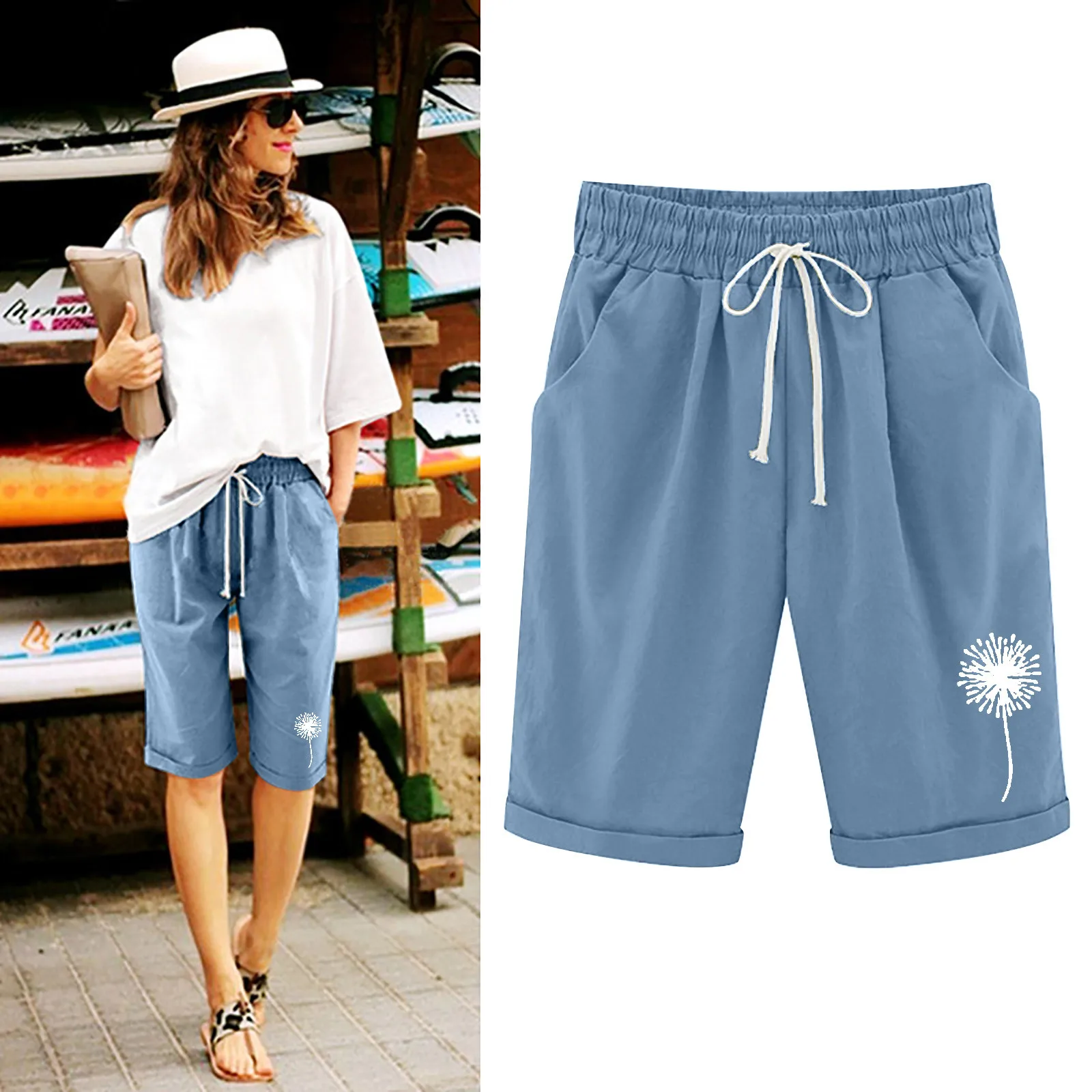 

Summer Loose Casual Women'S Shorts Sports Stretchy Cotton Straight Leg Breathable Sportshorts Female Dandelion Print Short Pants