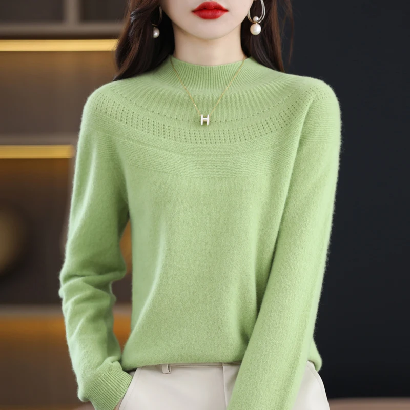 

2024 Autumn Winter New Women's Sweater Pure Wool Pullover Long Sleeved Hollow Loose Slim Fit Solid Color Simple Versatile Tops