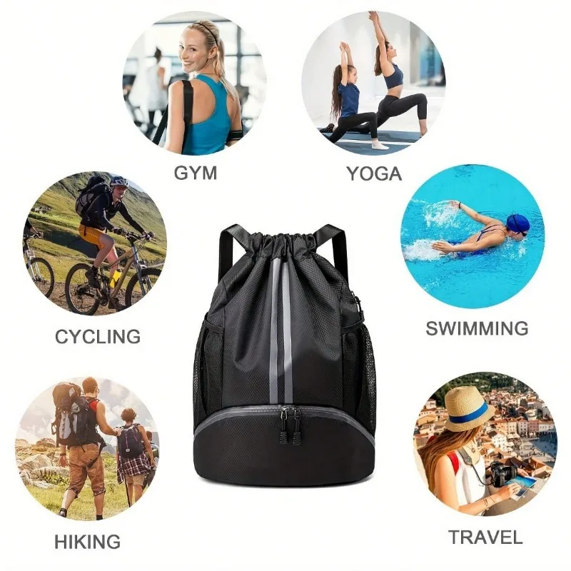 1pc Drawstring Backpack, Sports Gym, Burlap Bag With Mesh Bag, Shoe Compartment, Waterproof Rope Bag For Women And Men