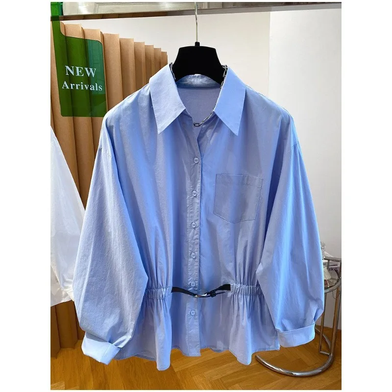 

A New Loose-fitting Super Good-looking Thin and Elegant European Brand White Shirt with A Cinched Waist for Women Spring Fashion