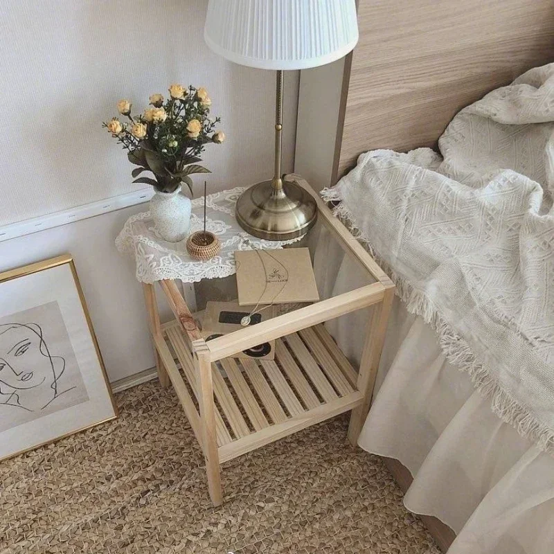 Bedside Table Small Apartment Solid Wood Bedroom Transformation Tempered Glass Rack Homestay Wind Bedside Few  New 2023