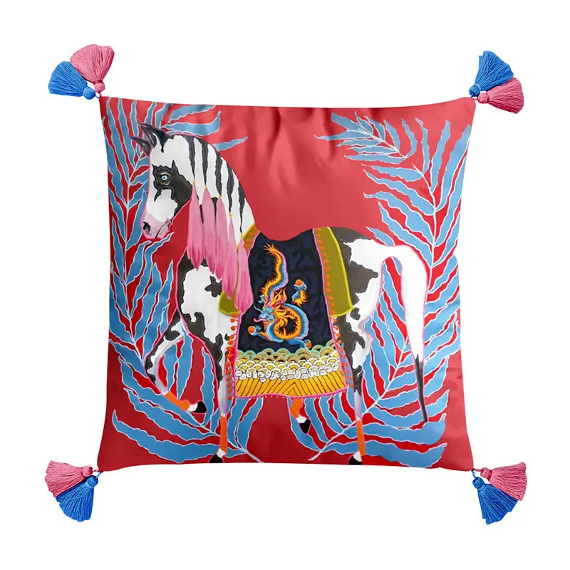 Vintage Red Horse Floral Pillow Cover 45cm Burgundy Tassel Cushion Cover Boho Ethnic Art Throw Pillow Case for Sofa Living Room