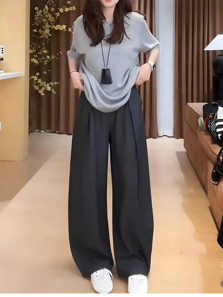 High Waist Wide Leg Casual Suit Pants for Women Gray Color Korean Style Commute Wind Long Pants Floor Length Slimming Effect