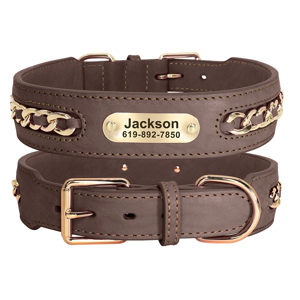 Personalisiertes Hundehalsband aus strapazierfähigem Leder für Hunde mit Anti-Verlust-Namensschild, Kettenzubehör für kleine, mittelgroße und große Hunde – Detail 9