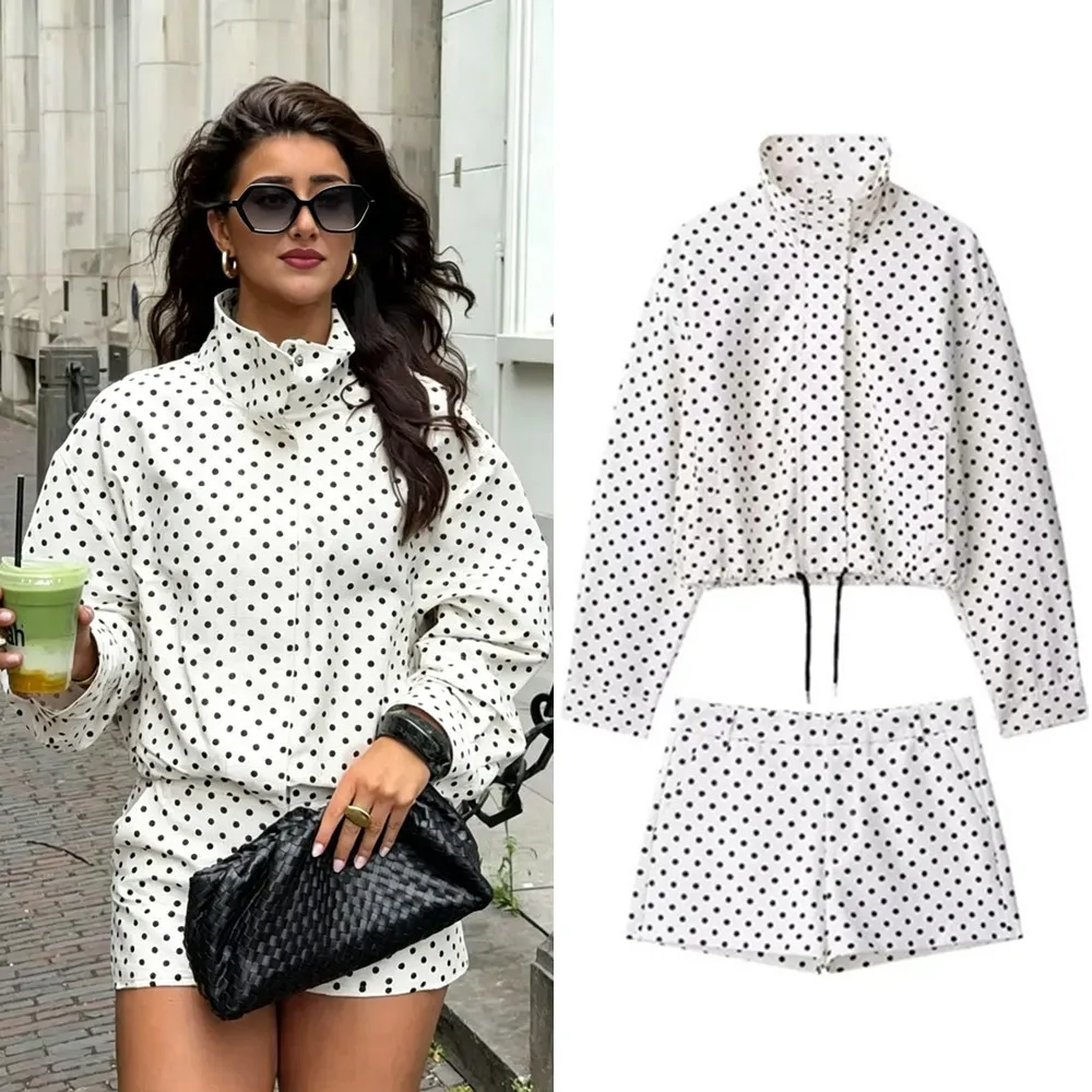 Ladies Vintage Autumn Polka Dot Printed Jacket Women Set Coat Turtleneck Drawstring Jacket And Shorts Outfits Women Suit Female