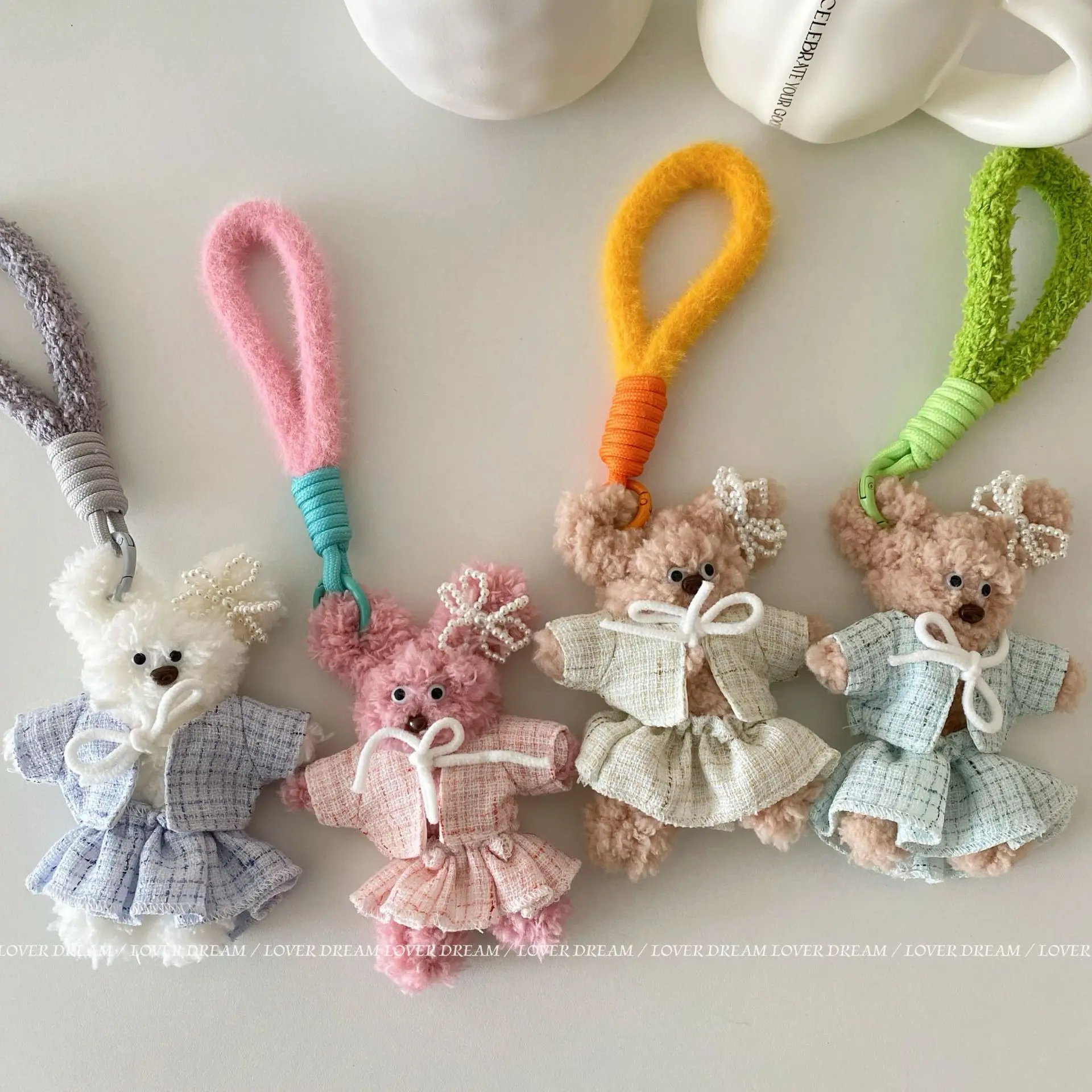 

Korean Fashion Pearl Bow Plush Twister Stick Bear Keychain Cute Sweet Colorful Skirt Teddy Bear Backpack Pendant Keyfob for Girl