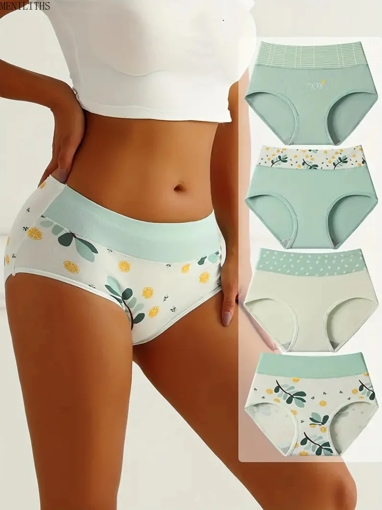 4Pcs/Set Women's Cotton Panties High Waist Underwear Print Ladies Briefs Slim Underpants Breathable Plus Size Female Lingerie