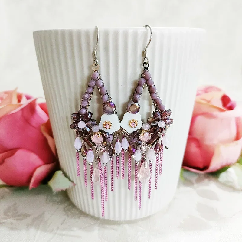 Retro Tassel Shell Flower Crystal Earrings Hypoallergenic Ear Hooks for Women Exaggerated Korean Jewelry Gift