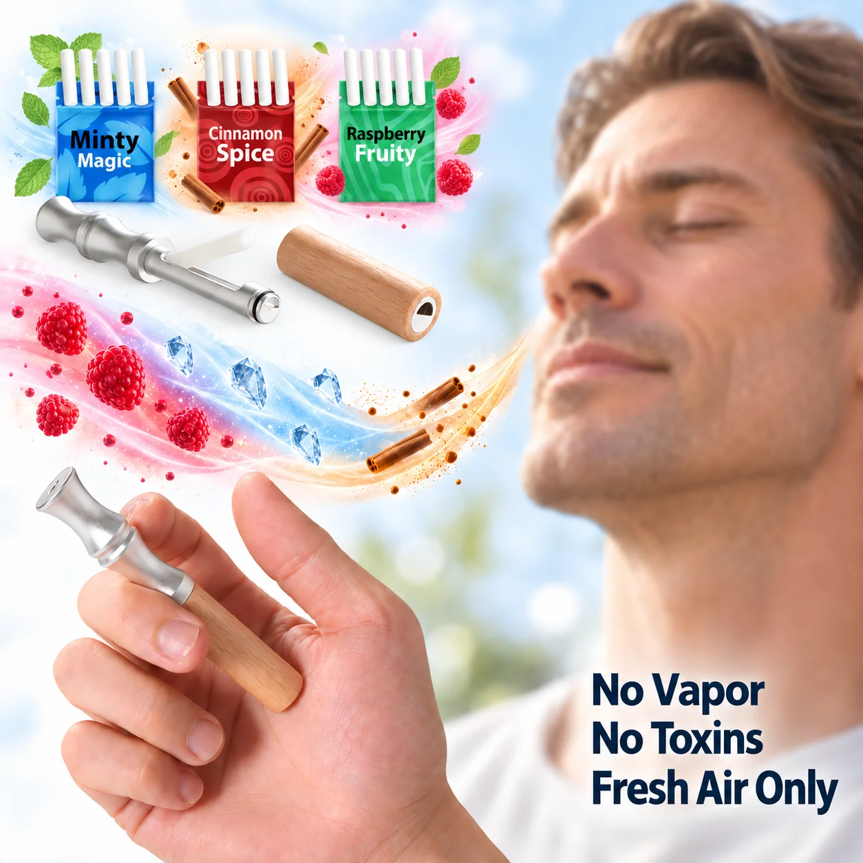 Plant Based Flavor Inhaler Kit Wooden Aroma Breathing Stick Replaceable Cores Adjustable Airflow Portable Travel Daily Use