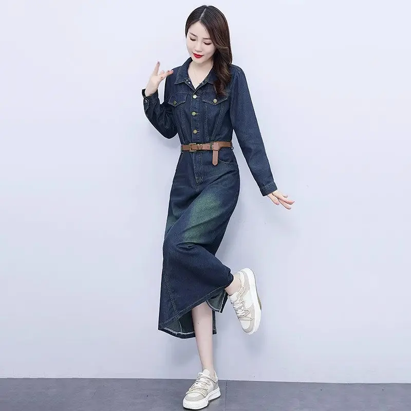 Women's Denim Dress Autumn Spring 2024 New Popular Retro Long Sleeve Korean Fashion Single Breasted Vintage Jeans Vestidos Z3804