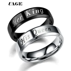UAGE Titanium His Queen Her King DIY Engraved Couple Ring Romantic Engagement Wedding Rings For Men Women Jewelry