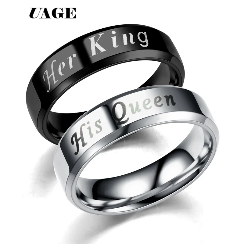 UAGE Titanium His Queen Her King DIY grawerowany pierścionek dla par romantyczne zaręczynowe obrączki dla kobiet mężczyzn biżuteria