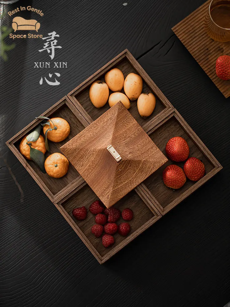 Black Walnut Solid Wood Retro-Style Portable Box – Chinese Refreshment & Tea Storage, Multi-Layer Gift Basket