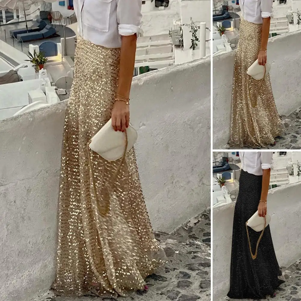 Elastic Waist Sequined Long Skirts Women Winter High Waist Black Faldas Korean Fashion Elegant Streetwear Shiny Pink Skirt