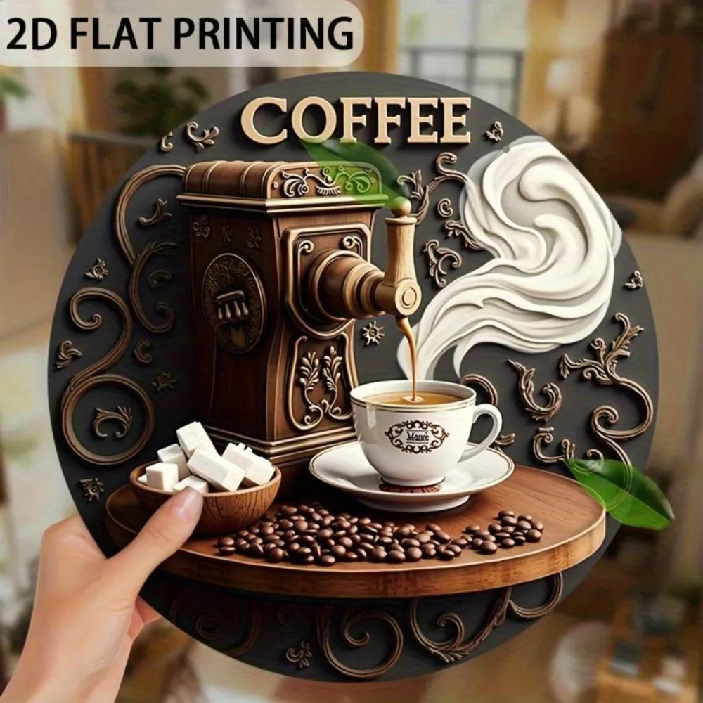 Vintage Coffee Bar Metal Tin Sign, Retro 3D Effect Coffee Machine Cup Bean Round Wall Art Decor, Classic Cafe Kitchen Wall Hangi