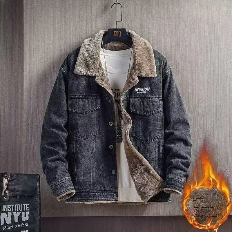 

Men's Fce Lined ort Denim Jaet Vintage American Sle Cotton Workwear Jaet Youth Trend Spring Autumn Stand Fit