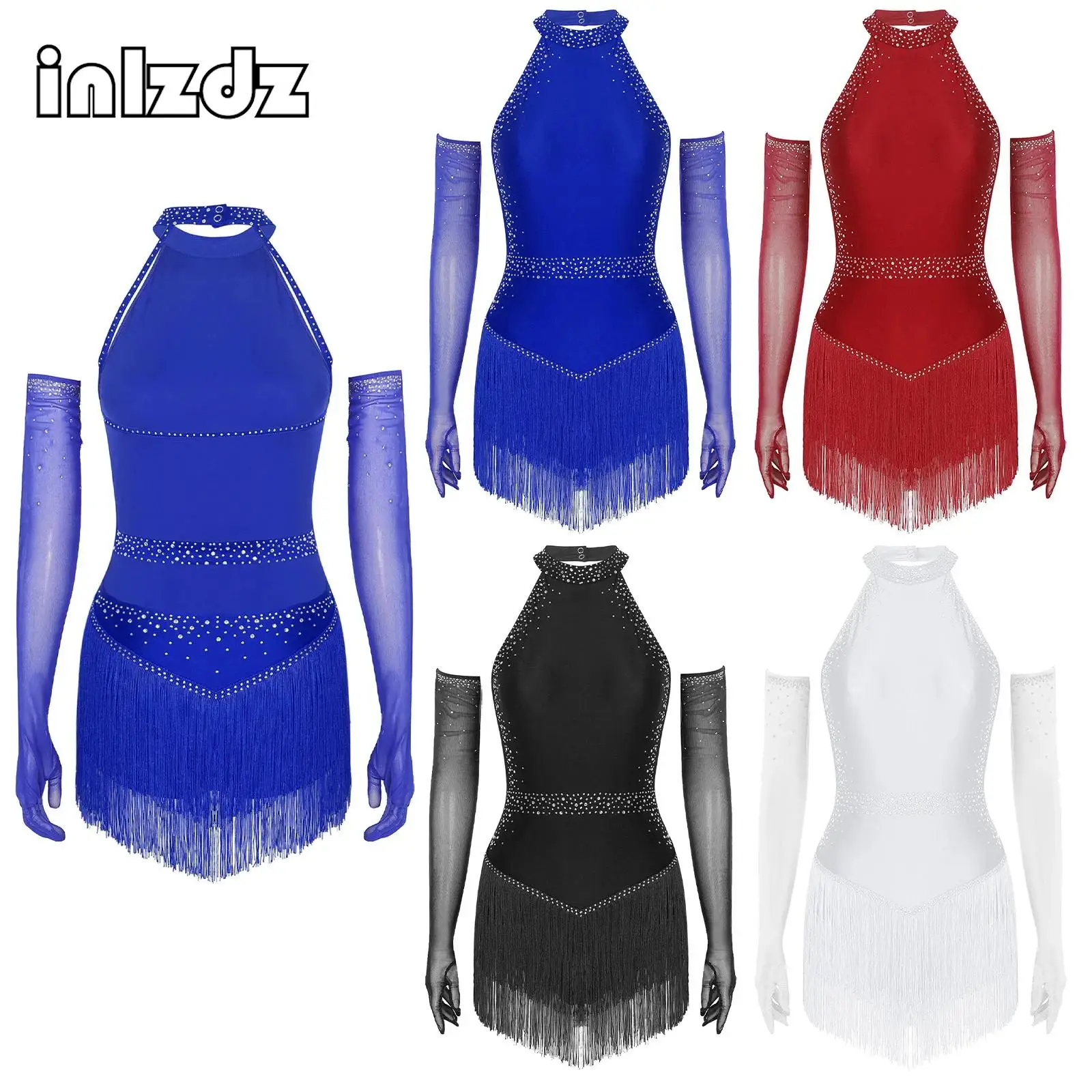 

Women Latin Tango Salsa Dance Outfit Halter Sleeveless Backless Tassel Rhinestones Leotard with Gloves Stage Performance Costume