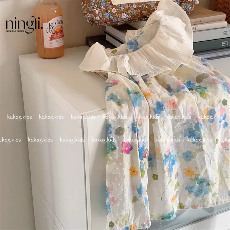 

Korean Children's Clothing Summer Girls' Stylish Fresh Printed Vest Dress Forest Style Turn-down Collar Dress Children's Dress