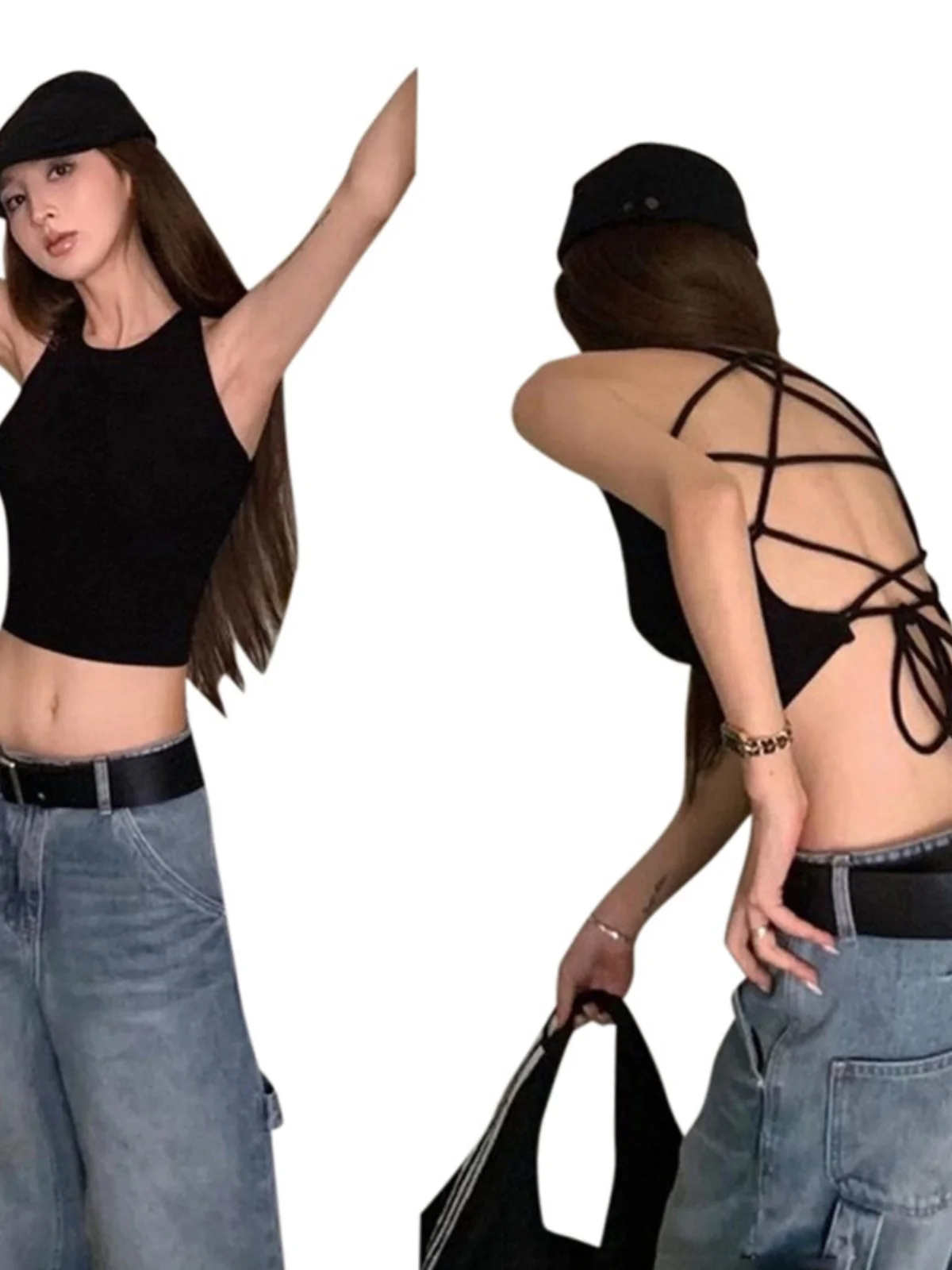 Canotta Bla Strapl da donna Summer Hot Girl No Sve Strap Bal ort Sle Street Faion Fibra di poliestere