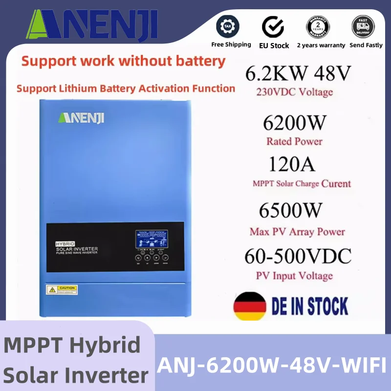 6.2KW Solar Hybrid Inverter 48V 230V Pure Sine Wave On/Off Grid Built-in 120A MPPT Solar Charge Controller Work without Battery