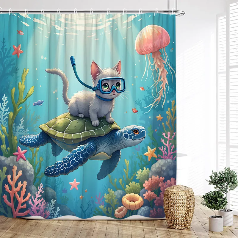Funny Diving Dog Shower Curtains Cute Animal Ocean Fish Sea Turtle Starfish Octopus Undersea Scenery Kids Bathroom Curtain Decor