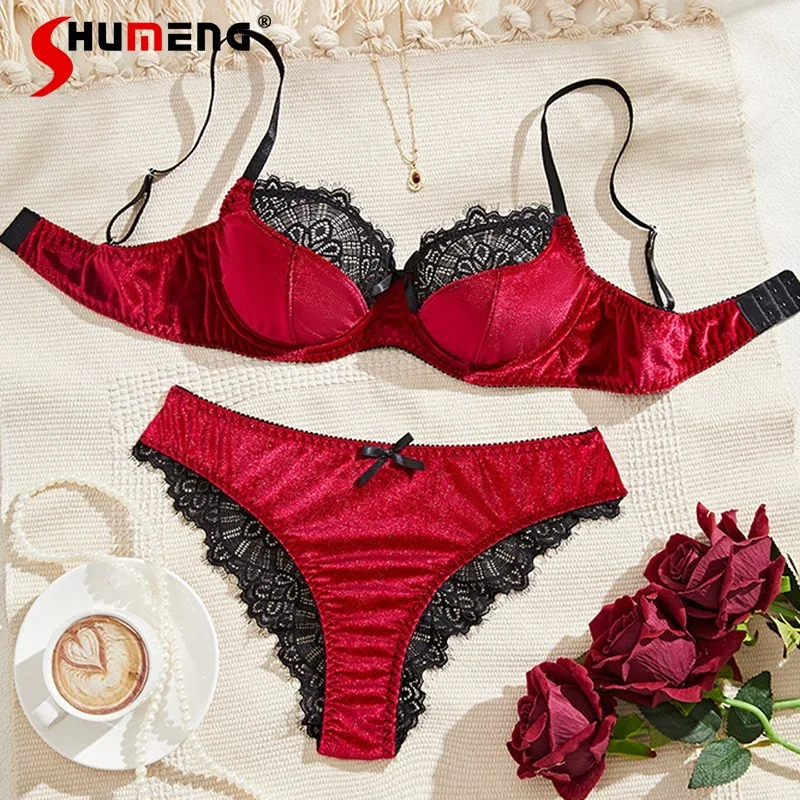 

Pure Desire Women's Velvet Bra Set Women's Underwire Push Up Ultra Thin Underwear Female Lace Bra Intimates Brief Suits