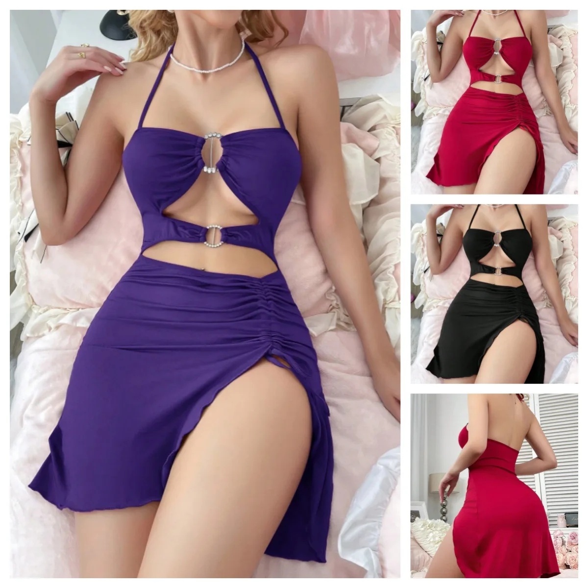 

Pure Desire Sexy Babes V-neck Suspender Hip-wrapped Dress Women's Summer Hollow Backless Unique Chic Hip-wrapped Short Skirt