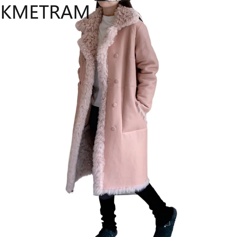 

KMETRAM Natural Wool Sheepskin Double Faced Fur Coat Woman Reversible Long Real Fur Jacket Light Pink Winter Clothes 2025 шуба