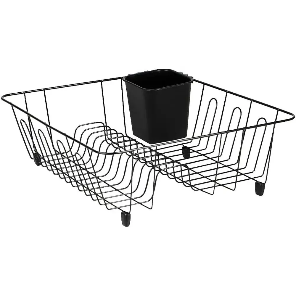 

Vinyl Coated Wire Dish Rack with Utensil Holder | Neutral Color | Fits Plates, Mugs & Glasses (Small Black)