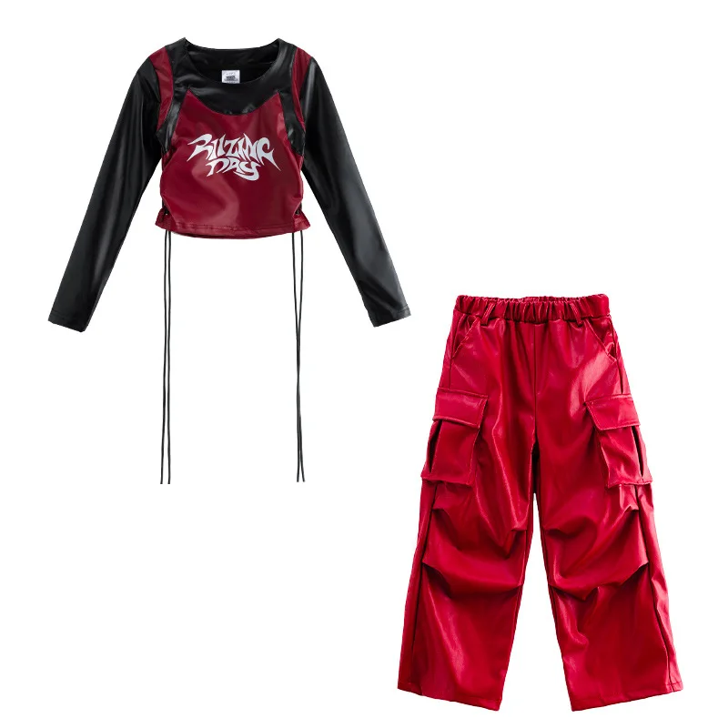 طفل Kpop الهيب هوب الملابس السوداء فو الجلود المحاصيل تي شيرت سترة النبيذ الأحمر البضائع السراويل لفتاة صبي الشارع أزياء رقص الملابس #6