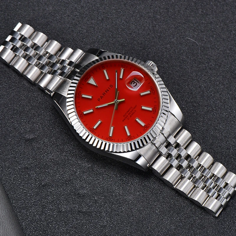 

Fashion Parnis 39.5mm Red Dial Automatic Mechanical Men's Watches Stainless Steel Case Calendar Sports Men Watch reloj hombre