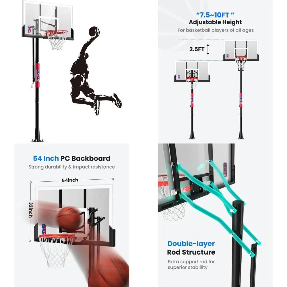 Sistem Ring Basket Luar Ruangan yang Dapat Disesuaikan 7.5-10 kaki dengan Engkol untuk Semua Usia, Papan Pantul Shaq 45-54 Inci untuk Lapangan Rumah